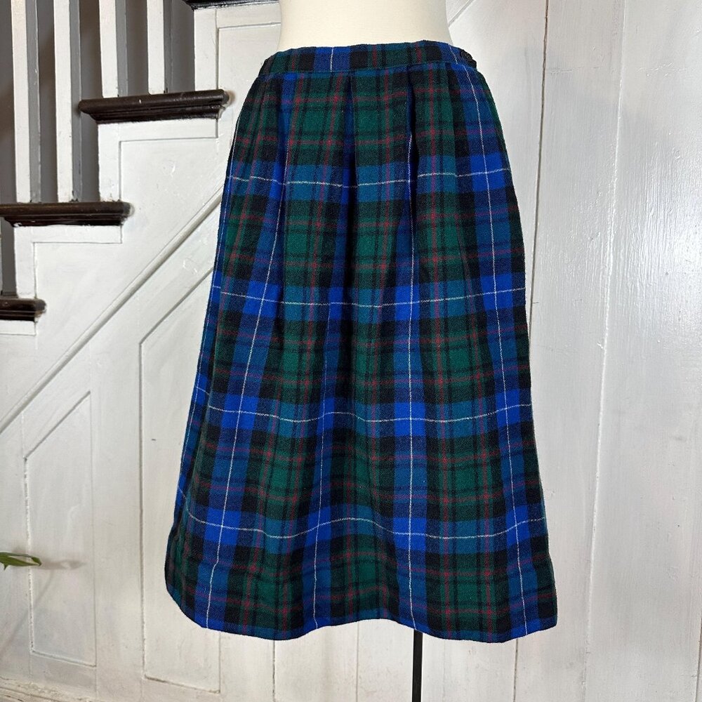 Vintage 80s Pleated Green and Purple Wool Plaid Tartan Midi Skirt